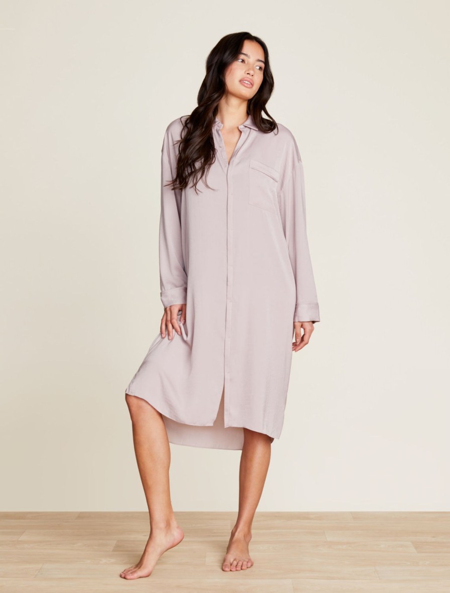 Her Barefoot Dreams | Washed Satin Piped Nightshirt With Love Embroidery